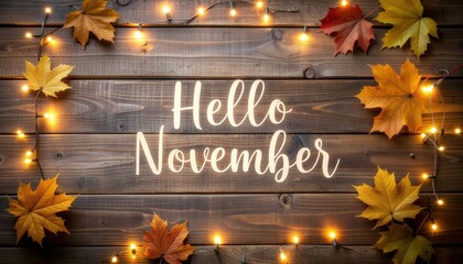 November celebration with autumn leaves and fairy lights cozy indoor setting seasonal decor warm atmosphere