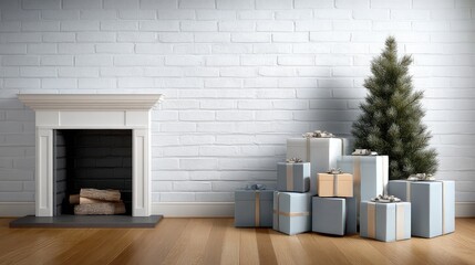 Fototapeta premium A beautifully decorated indoor space features a Christmas tree next to a warm fireplace, inviting a festive winter atmosphere