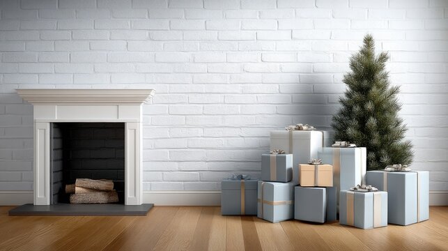 A beautifully decorated indoor space features a Christmas tree next to a warm fireplace, inviting a festive winter atmosphere