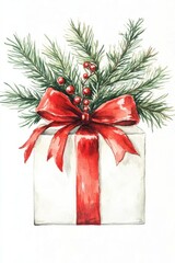 A white gift box adorned with a red ribbon and topped with evergreen branches and red berries.