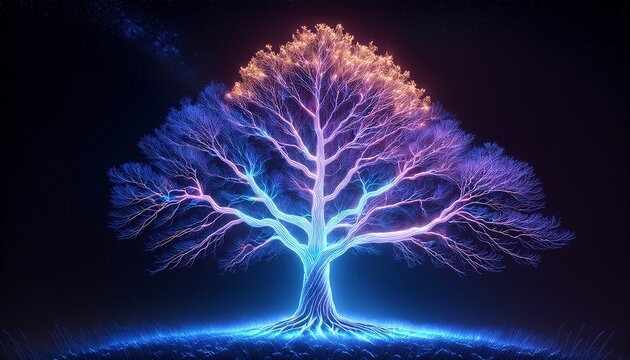 Oak Nature Tree Plexus Neon Black Background Digital Desktop Wallpaper Hd 4K Network Light Glowing Laser Motion Bright Abstract