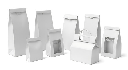 Various blank paper bags with windows and without, isolated on white background