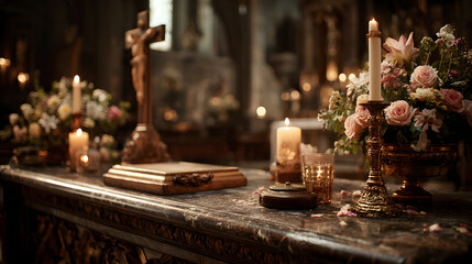 Christian altar with candles, flowers, and carved crucifix in softly lit church