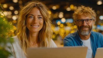 Joyful woman smiles brightly while working on laptop with blurred colleague and warm bokeh lights creating a vibrant, modern atmosphere