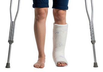Broken leg in a cast crutches isolated on transparent background
