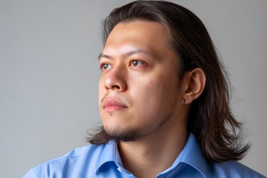 Confident plus size Asian man with medium-length hair, wearing a blue shirt, gazes thoughtfully into the distance, showcasing a moment of introspection and self-assurance