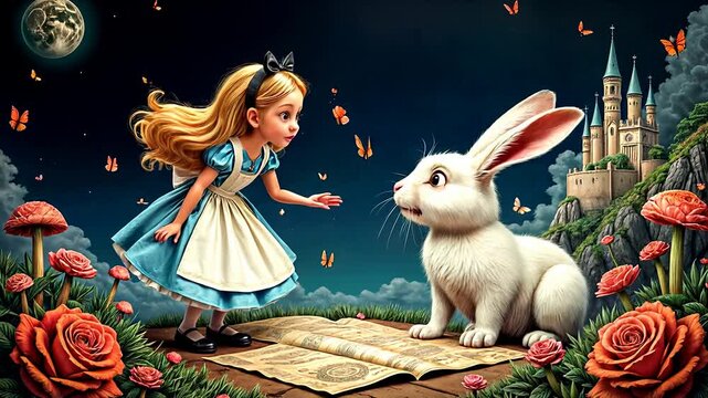 Beautiful Alice met a white rabbit, Alice in Wonderland, characters communicate with each other, Alice is surprised by the talking rabbit