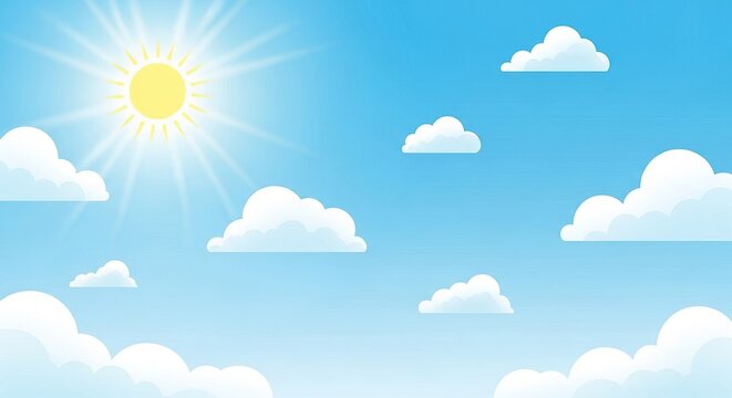 Bright sunny day with a shining sun and fluffy white clouds in a clear blue sky