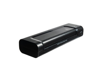 Sleek black laminator photographed from an angle on white. Tapered design emphasizes the feed slot.