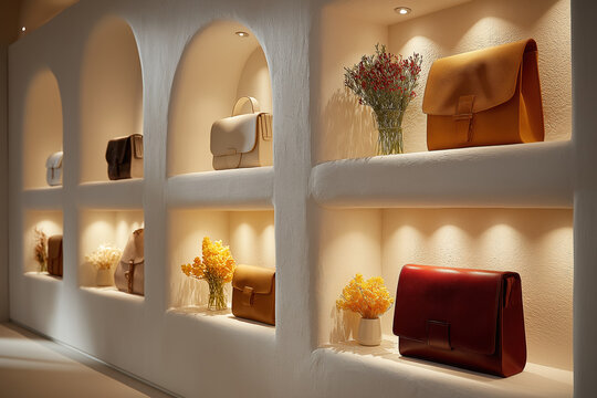 Vitrine &eacute;l&eacute;gante pr&eacute;sentant des sacs en cuir color&eacute;s dans une boutique de mode moderne et lumineuse