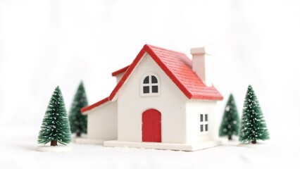 Miniature house model with red roof surrounded by small pine trees