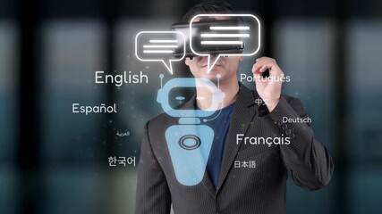A businessman in a virtual reality headset engages with a digital multilingual interface in an advanced office setting, showcasing the integration of technology and communication. Raster - Powered by Adobe