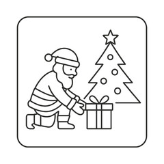 Thin-line Santa placing gift under tree icon inside a square pin, symbolizing kindness and Christmas joy. Perfect for Merry Christmas 2026 designs and holiday cards.