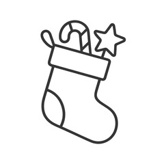 Thin-line Christmas stocking icon inside a square pin, symbolizing gifts and family joy. Perfect for Merry Christmas 2026 cards, packaging, and festive branding.