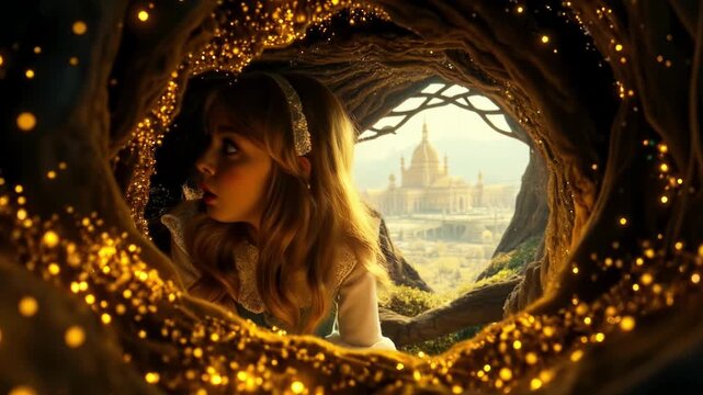 Surprised Alice looks out of the rabbit hole. Magical beautiful country from Lewis Carroll's fairy tale Alice in Wonderland