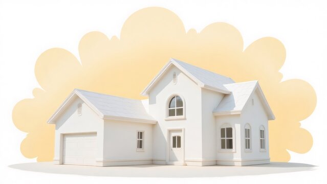 White two-story house with garage against a soft yellow background.