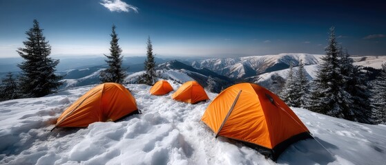 Two yellow tents glow warmly in the snowy night, surrounded by trees and nearby lights, creating a cozy atmosphere