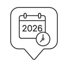 Thin-line 2026 calendar icon inside a square pin, symbolizing the New Year countdown and renewal. Perfect for festive designs and year-end campaigns.