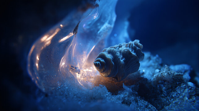 Seashell on underwater surface with glowing jellyfish