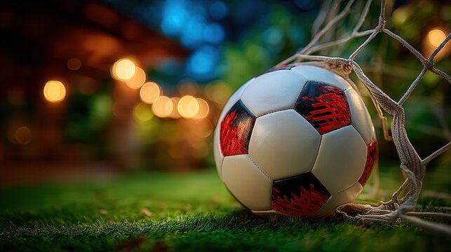 Stunning football resting in a net, bathed in warm bokeh lights, evoking passion and victory in a twilight setting, perfect for sports and celebration themes.
