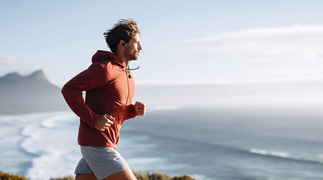 Active man jogging outdoors against a scenic coastal backdrop. Inspiring image for fitness, healthy lifestyle, determination, and achieving goals. Sport and wellness theme.