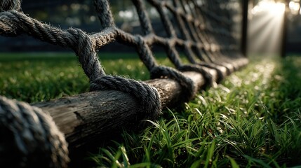 Sunlight streams through lush green grass illuminating a sturdy rope obstacle course, evoking adventure and outdoor challenges.