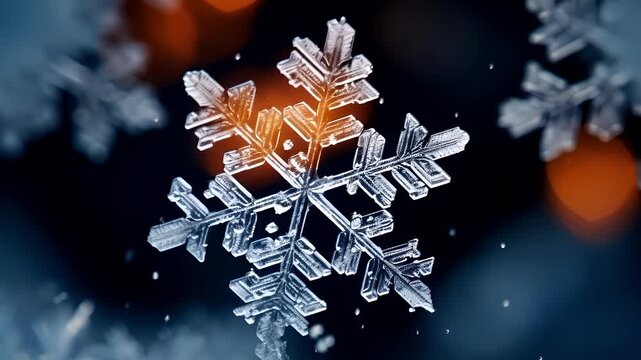 A closeup of a snowflake against a dark background with bokeh lights. The snowflake is detailed with intricate patterns and is illuminated by the sun, casting a warm, golden hue on its surface.