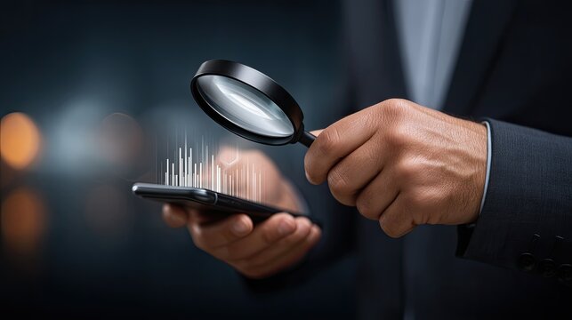 Engaging in close analysis of business reports and data trends using a magnifying glass and a smartphone on a wooden desk