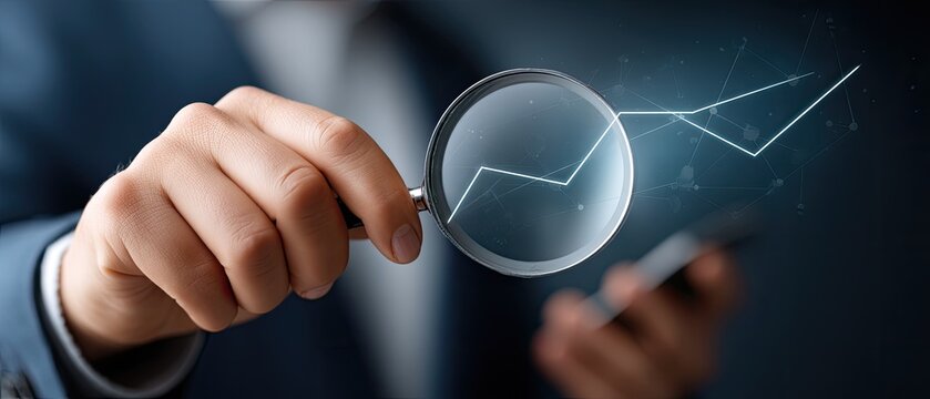 Engaging in close analysis of business reports and data trends using a magnifying glass and a smartphone on a wooden desk