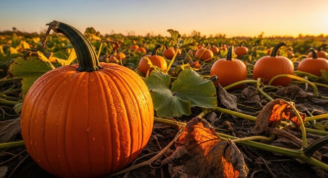 Pumpkin patch at sunset with warm golden light illuminating the gourds