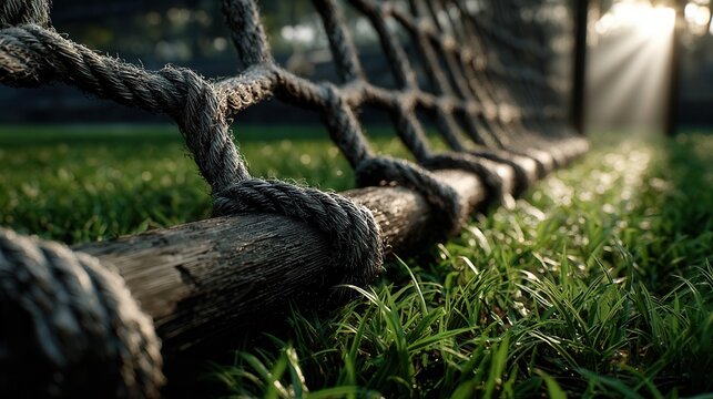 Sunlight streams through lush green grass illuminating a sturdy rope obstacle course, evoking adventure and outdoor challenges.