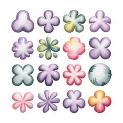 Colorful flower patterns with various designs showcasing a range of shapes and colors on a white background