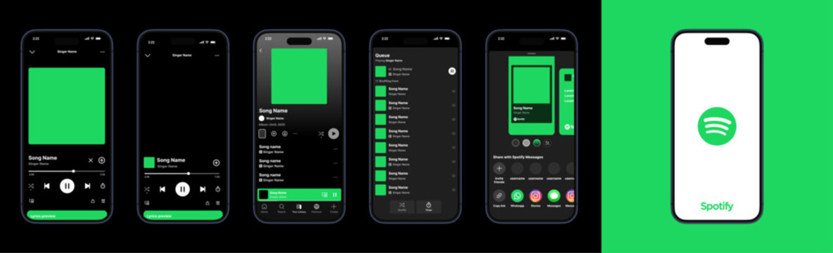 Spotify song UI mockup showing song title, artist name, album cover, play controls, queue, shuffle, repeat, lyrics, and modern mobile streaming layout vector illustration