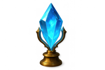 Glowing blue crystal on a golden stand representing power, magic, fantasy, and valuable game asset on transparent background