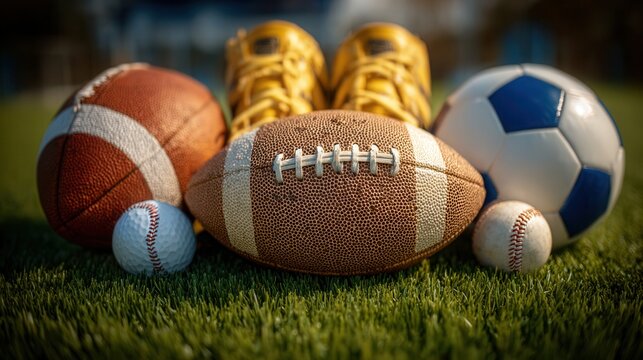Diverse sports balls and cleats arranged on lush green grass, capturing the essence of athletic passion and competition.