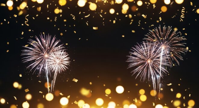 Festive fireworks and confetti celebration with bokeh lights