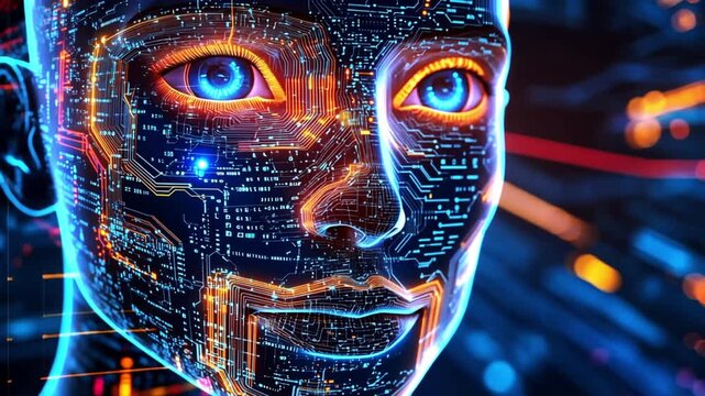 Futuristic AI Humanoid Face with Glowing Circuitry and Blue Eyes. - Powered by Adobe