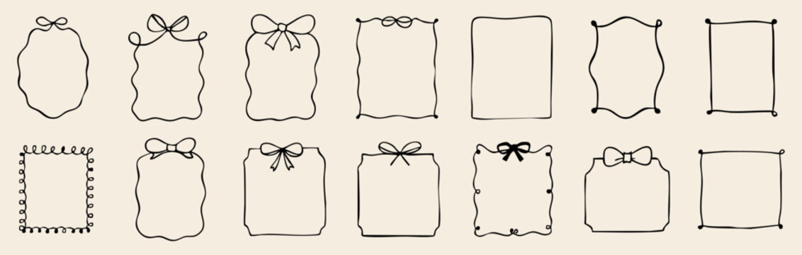 Collection of hand drawn decorative frames with bows, ribbons, and curly outlines. Minimal black line art on beige background, perfect for invitations and cards
