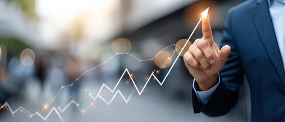 Businessman engages with a virtual screen displaying a rising growth graph alongside financial data for strategic planning