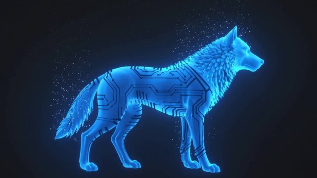 A glowing blue digital wolf made of circuit patterns standing against a dark background with scattered particles.