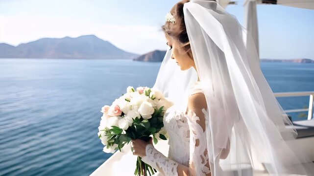A bride on a boat with a bouquet of flowers by the sea, wearing a white lace wedding dress and veil. The brides pose is contemplative, with her gaze directed away from the camera.