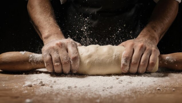 Hands rolling dough with a rolling pin on a floured surface.