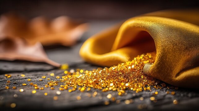 Golden treasure spills from luxurious silk fabric onto rustic wooden surface, evoking wealth and opulence