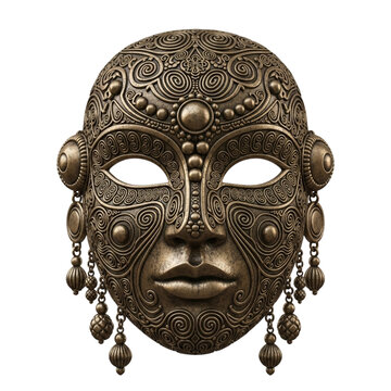 Ornate Bronze Tribal Mask with Swirling Patterns ancient