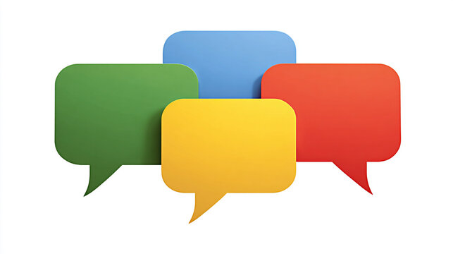Colorful group chat icon featuring four speech bubbles in green, blue, yellow, and red, arranged in a cluster, symbolizing communication and interaction in digital conversations - Powered by Adobe