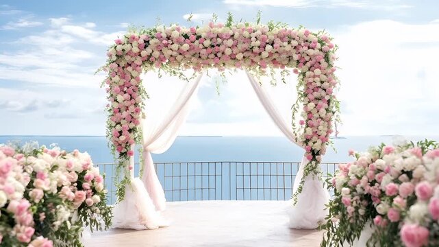 Aerial view of a wedding arch adorned with pink and white flowers against a backdrop of a clear blue sky with fluffy white clouds. The arch is set against a serene seascape.