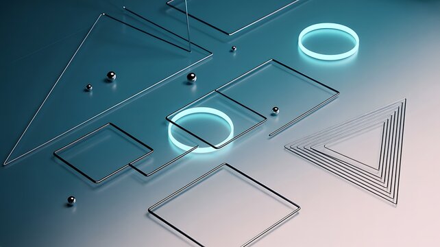 Abstract Geometric Shapes with Neon Glow on Reflective Surface