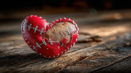 Symbolizing resilience and recovery, a stitched heart rests on weathered wood, evoking emotions of hope and healing after hardship.