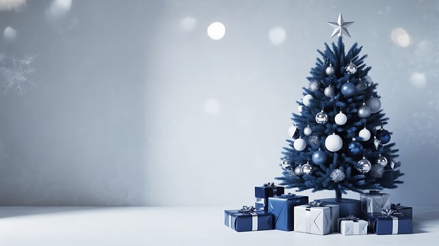 Blue Christmas Tree with Gifts and Snowflakes decorated - Powered by Adobe