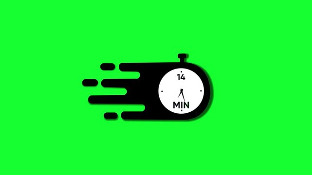 Black stopwatch icon indicating 14 minutes with motion blur effect on bright green background timer time